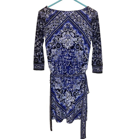 White House Black Market Blue/Black Floral Keyhole Neck Belted Dress Size XXS - Picture 4 of 11